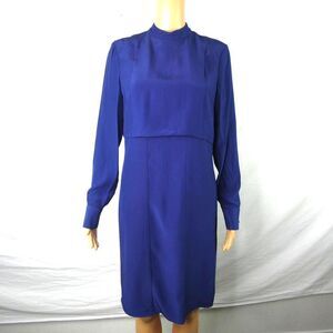 TY-LR Silk Blue Mock Neck Long Sleeve Overlay Midi Sheath Dress Sample EUC